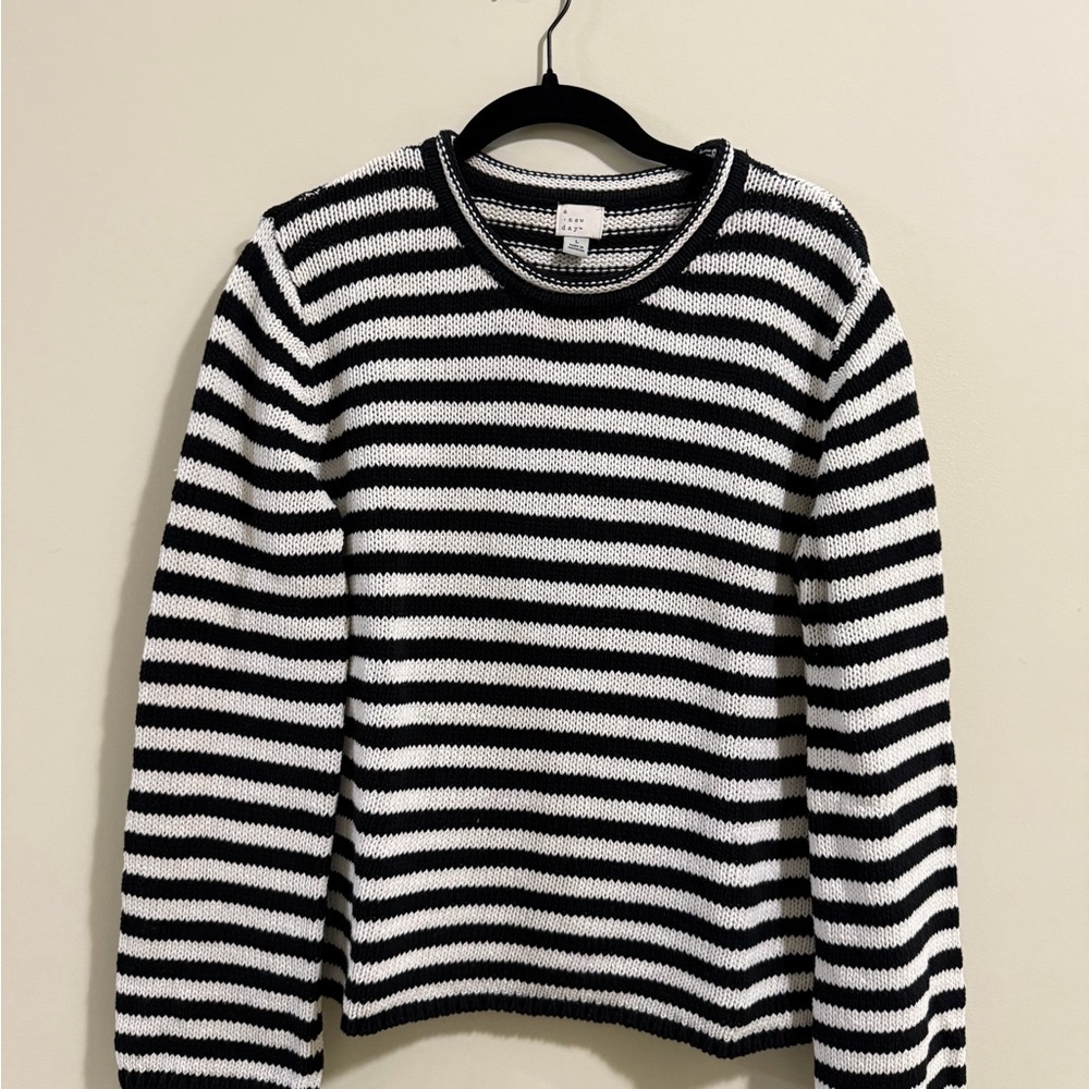 a new day Black and White Striped Crewneck Sweater